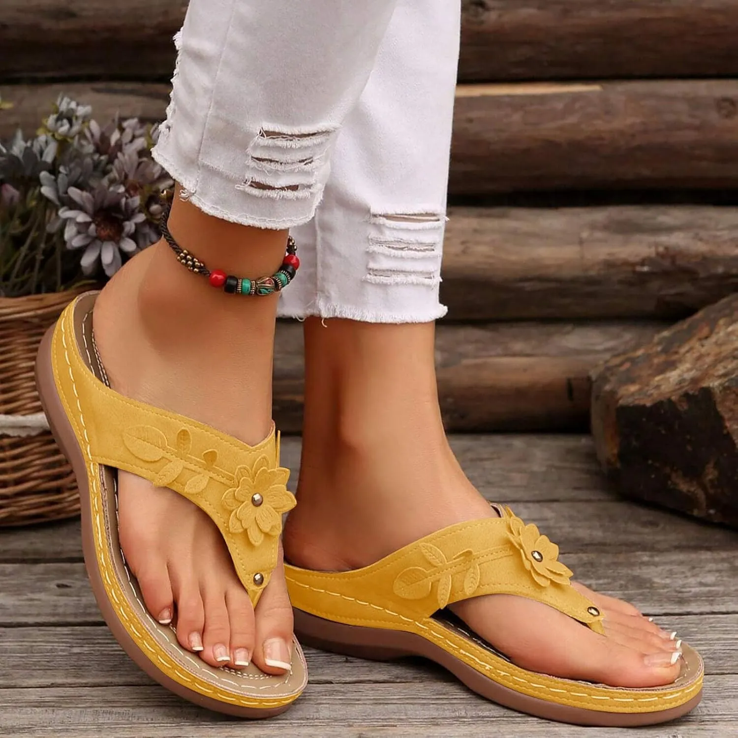 Avylays Orthopedic Sandals for Women Womens Comfort Leather Slides 3D Hollow Flower Wedge Sandals Slip On Casual Walking Slippers with Arch Support Flip Flops Cushion Dressy Summer Beach Thong