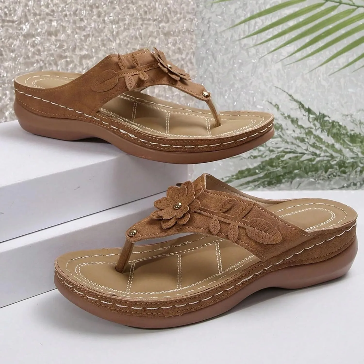 Avylays Orthopedic Sandals for Women Womens Comfort Leather Slides 3D Hollow Flower Wedge Sandals Slip On Casual Walking Slippers with Arch Support Flip Flops Cushion Dressy Summer Beach Thong