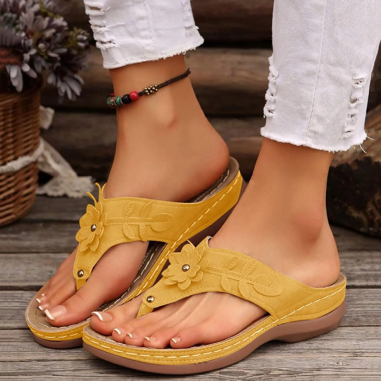 Avylays Orthopedic Sandals for Women Womens Comfort Leather Slides 3D Hollow Flower Wedge Sandals Slip On Casual Walking Slippers with Arch Support Flip Flops Cushion Dressy Summer Beach Thong