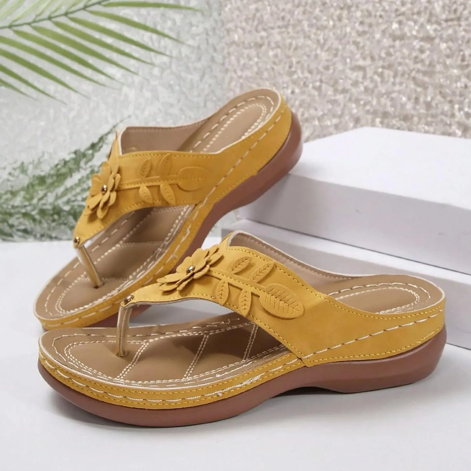 Avylays Orthopedic Sandals for Women Womens Comfort Leather Slides 3D Hollow Flower Wedge Sandals Slip On Casual Walking Slippers with Arch Support Flip Flops Cushion Dressy Summer Beach Thong