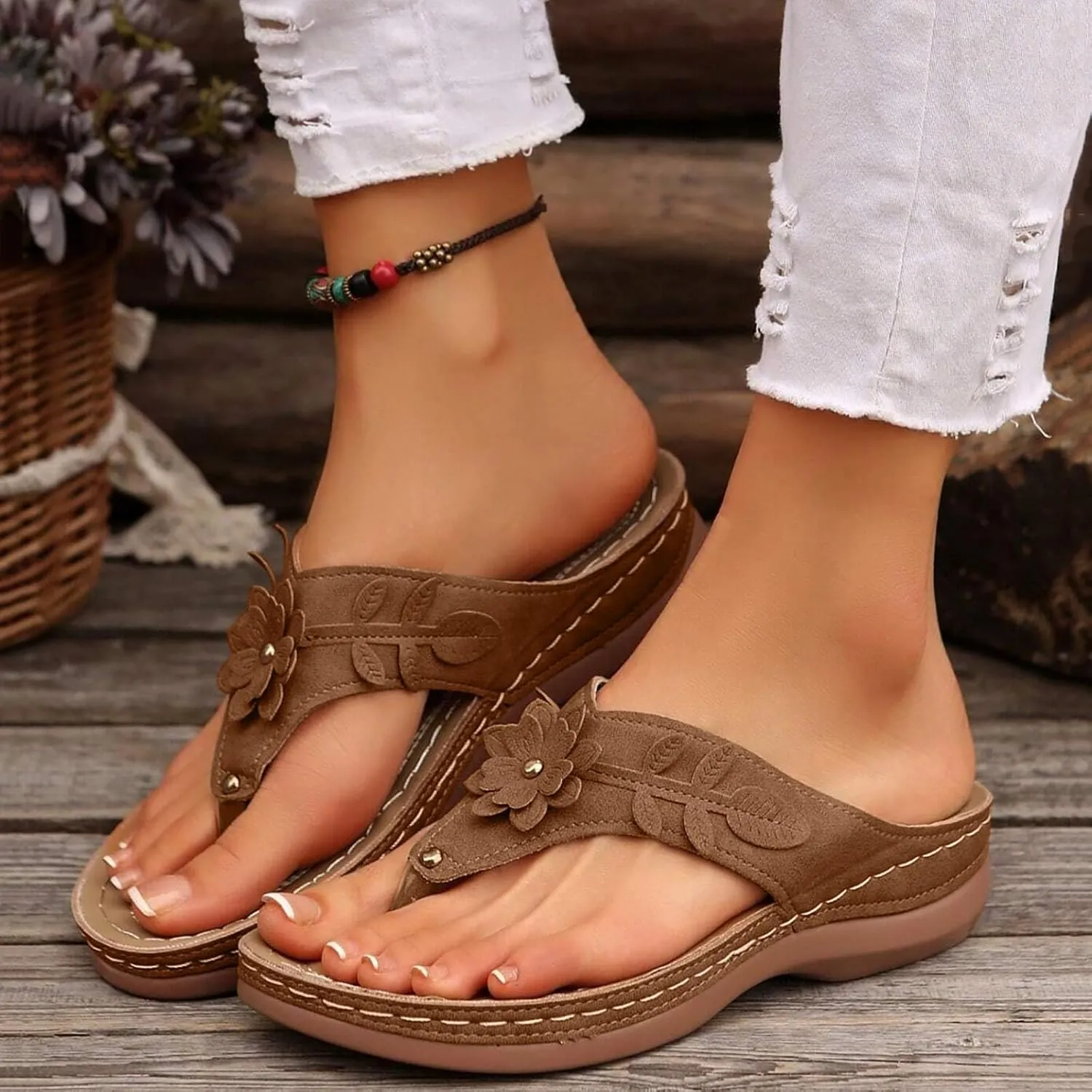 Avylays Orthopedic Sandals for Women Womens Comfort Leather Slides 3D Hollow Flower Wedge Sandals Slip On Casual Walking Slippers with Arch Support Flip Flops Cushion Dressy Summer Beach Thong