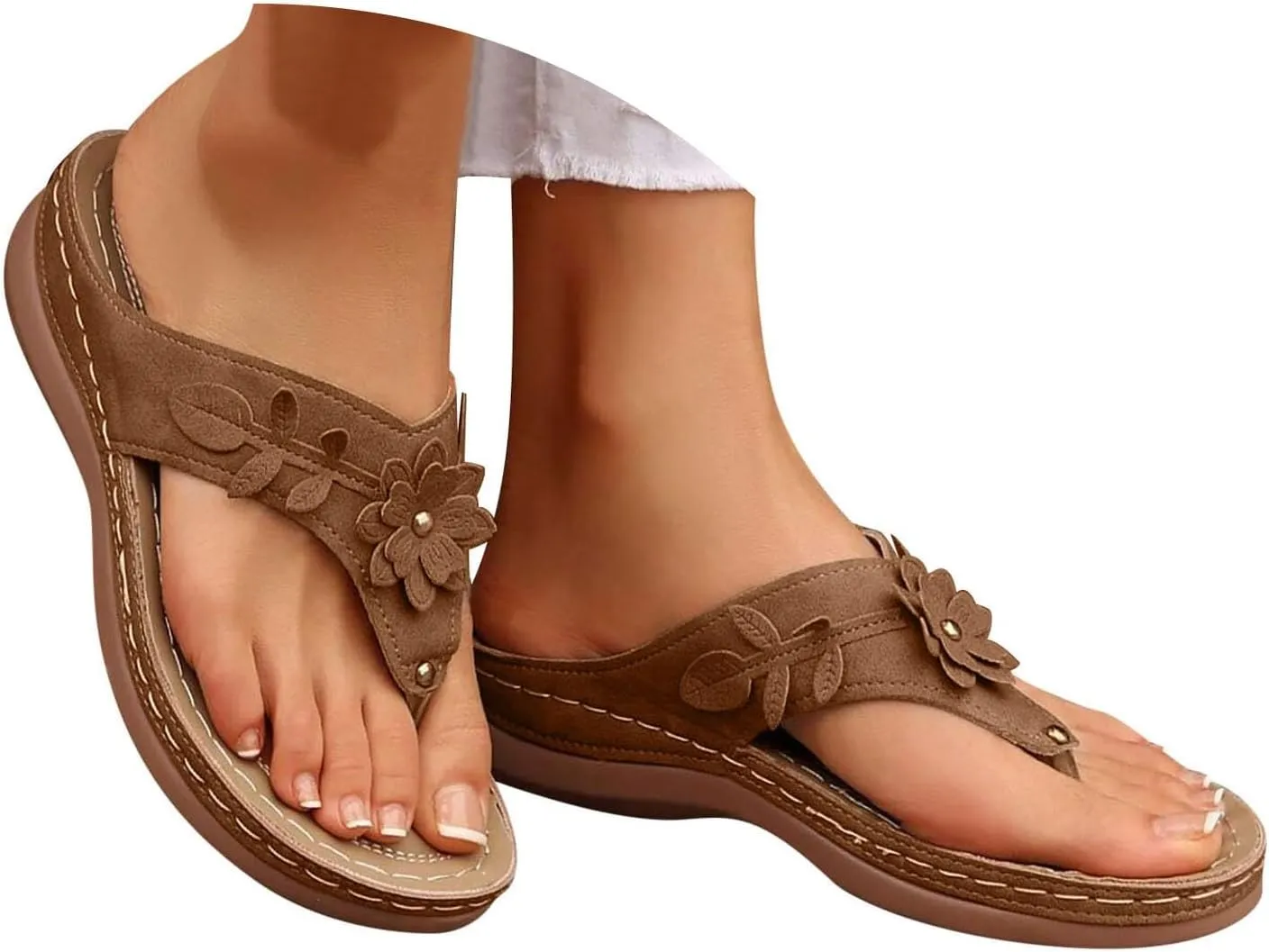 Avylays Orthopedic Sandals for Women Womens Comfort Leather Slides 3D Hollow Flower Wedge Sandals Slip On Casual Walking Slippers with Arch Support Flip Flops Cushion Dressy Summer Beach Thong