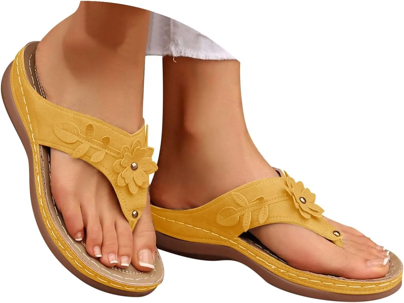 Avylays Orthopedic Sandals for Women Womens Comfort Leather Slides 3D Hollow Flower Wedge Sandals Slip On Casual Walking Slippers with Arch Support Flip Flops Cushion Dressy Summer Beach Thong