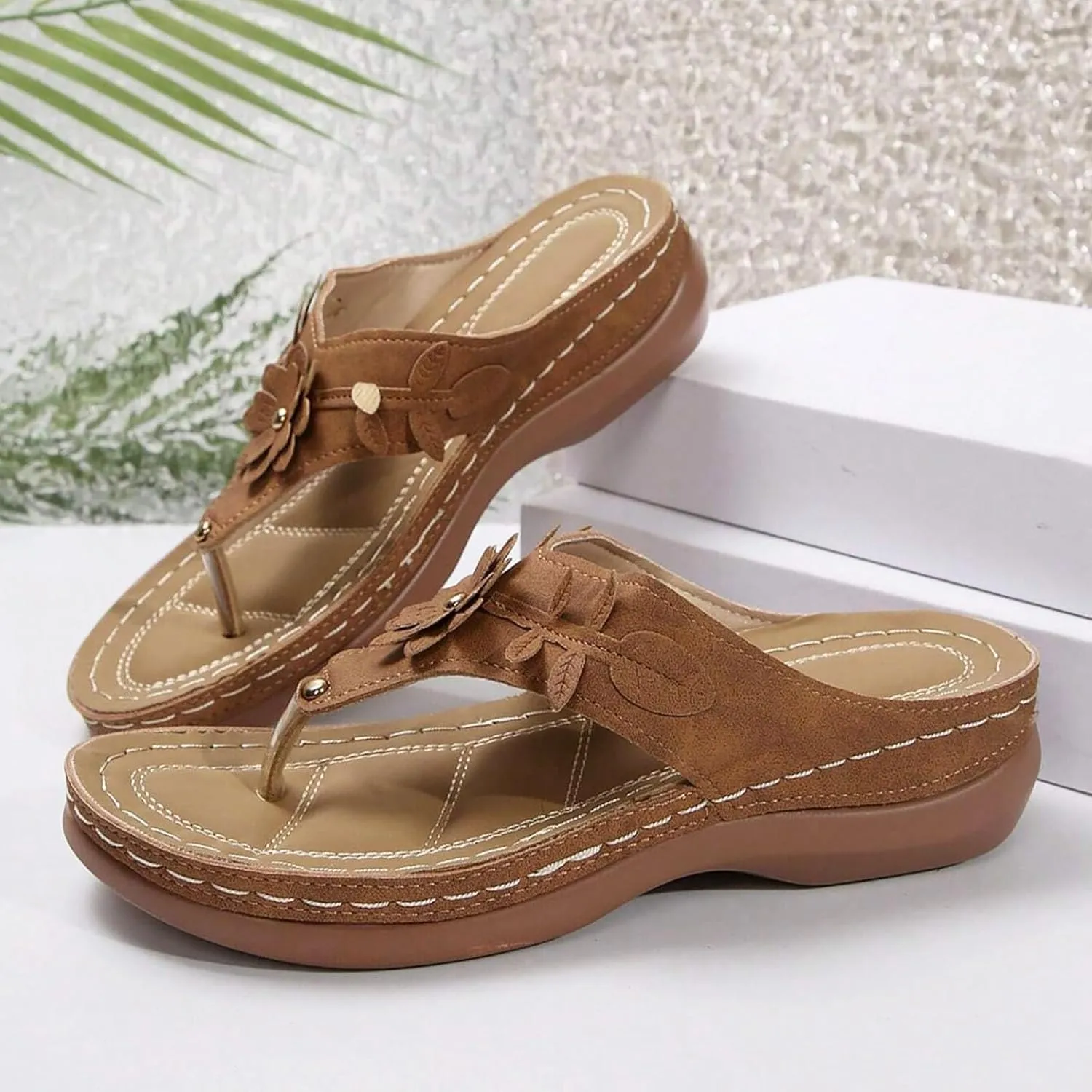 Avylays Orthopedic Sandals for Women Womens Comfort Leather Slides 3D Hollow Flower Wedge Sandals Slip On Casual Walking Slippers with Arch Support Flip Flops Cushion Dressy Summer Beach Thong