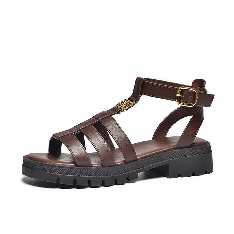 BeauToday Leather T-strap Platform Gladiator Sandals with Open Toe for Women