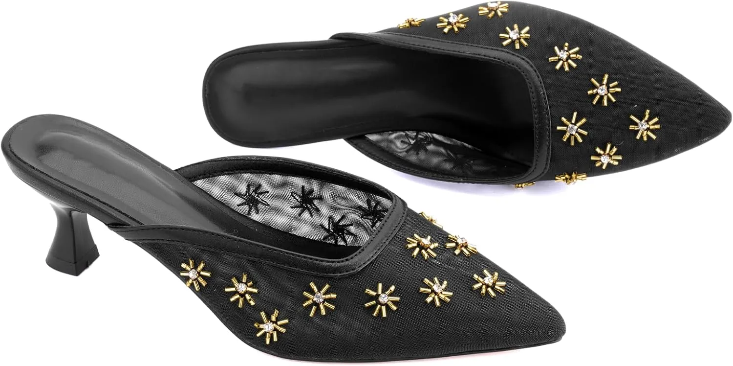 Elegant Women's Kitten Heel Mules with Crystal Flower Decor, Mesh Pointed Toe, and Low Heel Pumps - Stylish & Comfortable