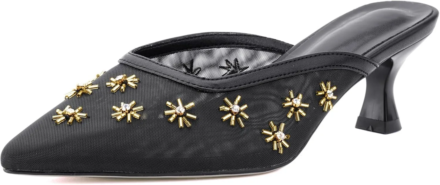 Elegant Women's Kitten Heel Mules with Crystal Flower Decor, Mesh Pointed Toe, and Low Heel Pumps - Stylish & Comfortable