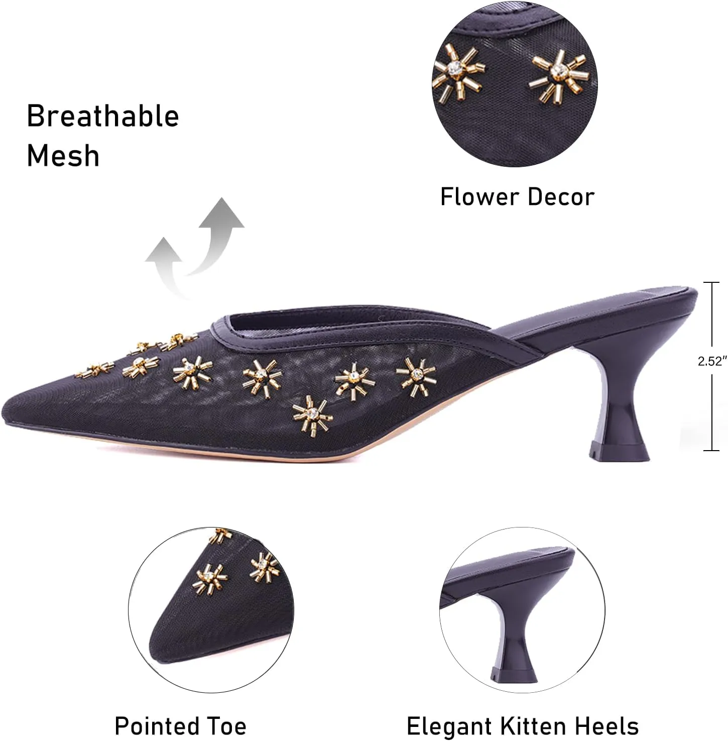 Elegant Women's Kitten Heel Mules with Crystal Flower Decor, Mesh Pointed Toe, and Low Heel Pumps - Stylish & Comfortable