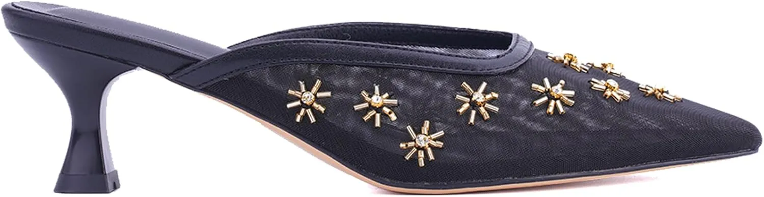 Elegant Women's Kitten Heel Mules with Crystal Flower Decor, Mesh Pointed Toe, and Low Heel Pumps - Stylish & Comfortable