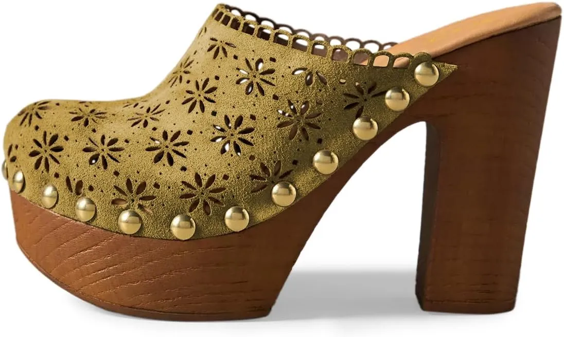 FOWT Women Studded Closed Round Toe Floral Cut Out Backless Platform Mules Chunky Super High Heel Slip on Stylish Dress Club Slide Sandals Size 4-16 US