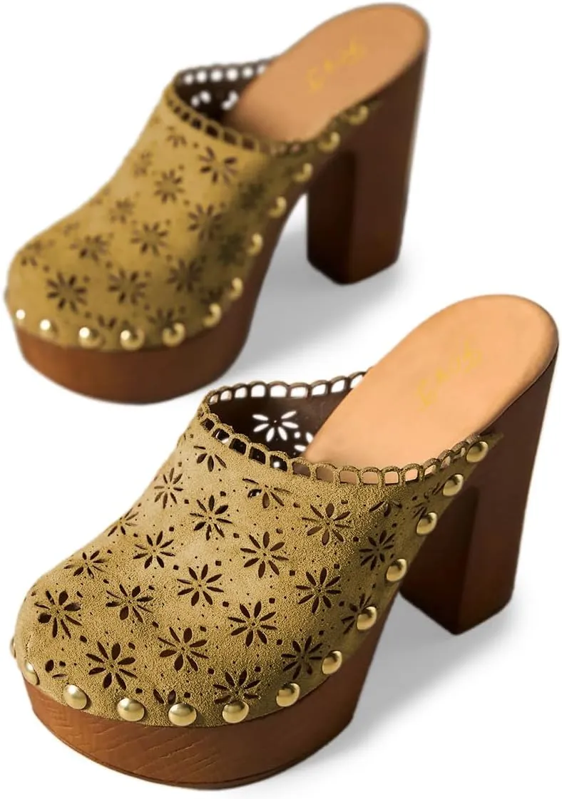 FOWT Women Studded Closed Round Toe Floral Cut Out Backless Platform Mules Chunky Super High Heel Slip on Stylish Dress Club Slide Sandals Size 4-16 US