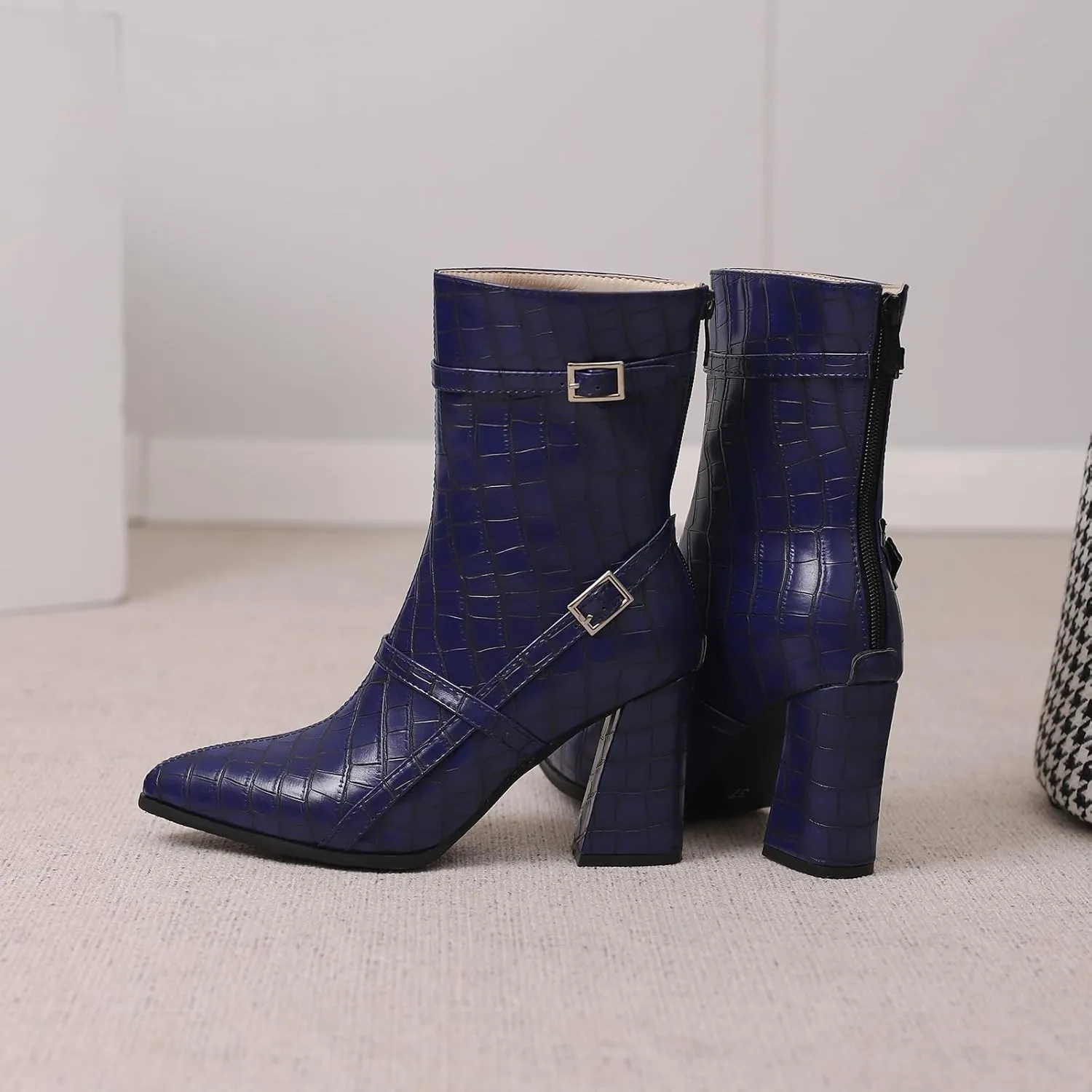 Gicoiz Women Block Heels Elegant Pointed Toe Chelsea Boots Buckle
