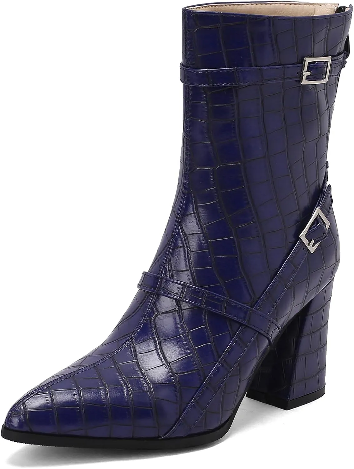 Gicoiz Women Block Heels Elegant Pointed Toe Chelsea Boots Buckle