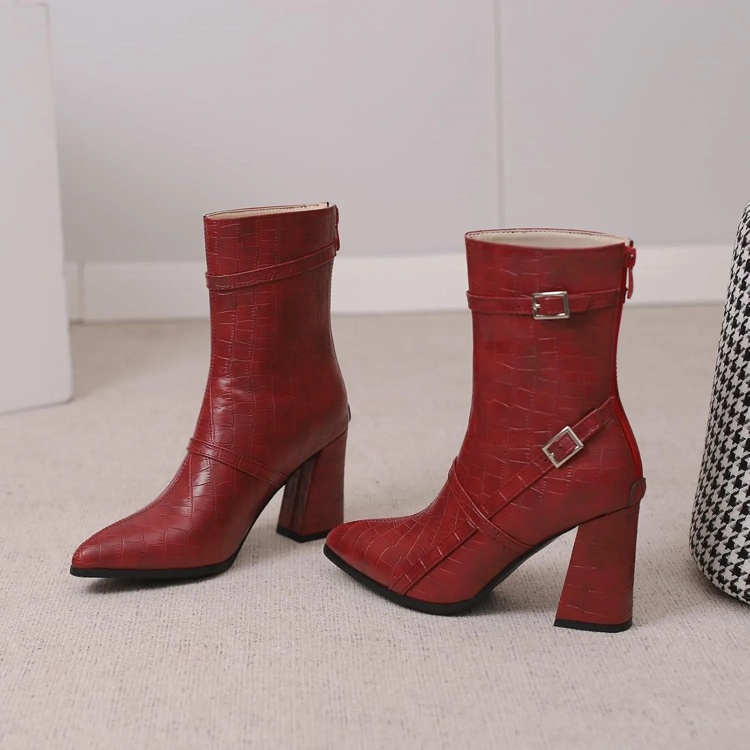 Gicoiz Women Block Heels Elegant Pointed Toe Chelsea Boots Buckle