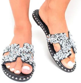 House of Sehrish Maya Black Dimond Womens Flip Flops Sandals