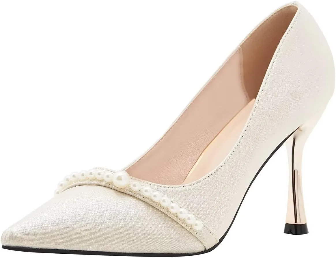 LUXINYU Women Pointed Toe Heels Elegant Stiletto Fashion Pearl Rhinestone Ladies Pumps Wedding Dress Shoes Comfortable Kitten Heels Work Shoes