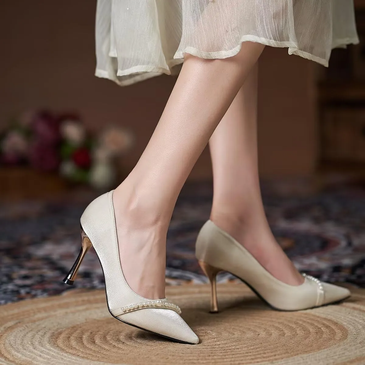 LUXINYU Women Pointed Toe Heels Elegant Stiletto Fashion Pearl Rhinestone Ladies Pumps Wedding Dress Shoes Comfortable Kitten Heels Work Shoes