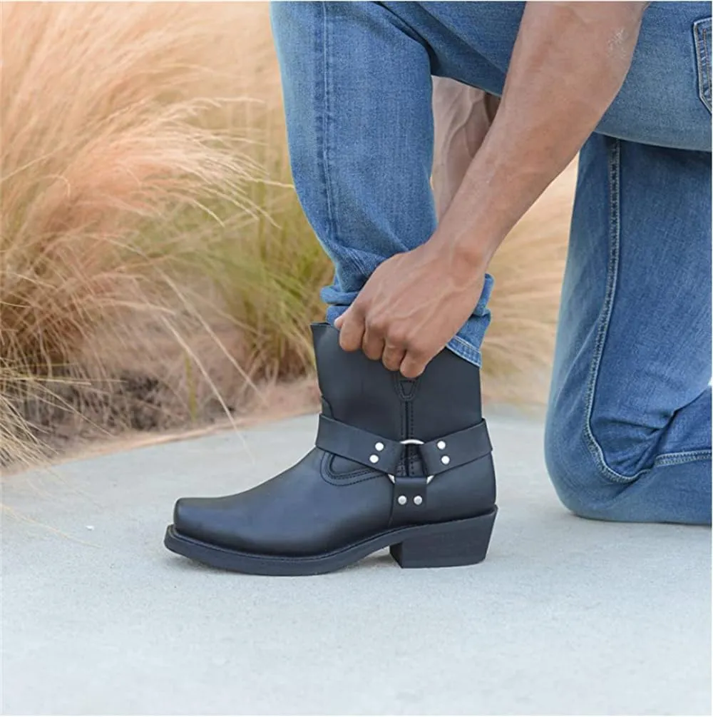 Men's Square Toe High Heel Durable Western Work Cowboy Boots Slip Resistant Side Zipper Ankle Boots