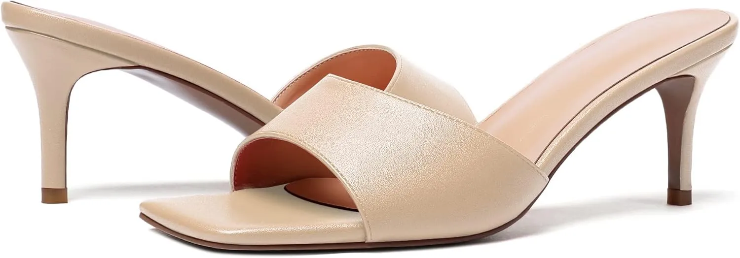 Mettesally Womens Kitten Heel Mules Open Square Toe Heeled Slippers Slip-on Sandals Comfy Shoes