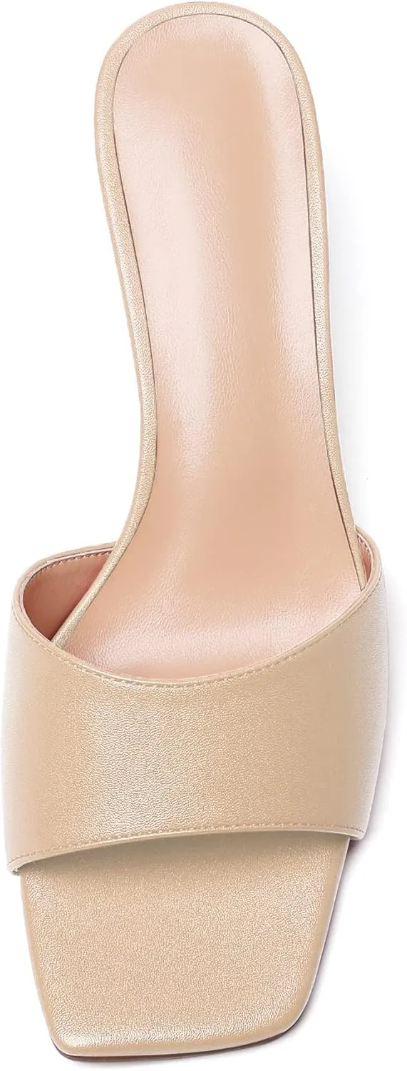 Mettesally Womens Kitten Heel Mules Open Square Toe Heeled Slippers Slip-on Sandals Comfy Shoes