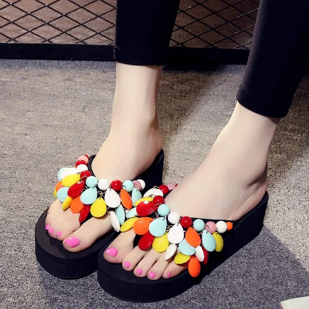 MIOKE Womens Bohemian Beaded Wedge Flipflops High Heel Platform Comfy Nonslip Summer Beach Thong Sandals