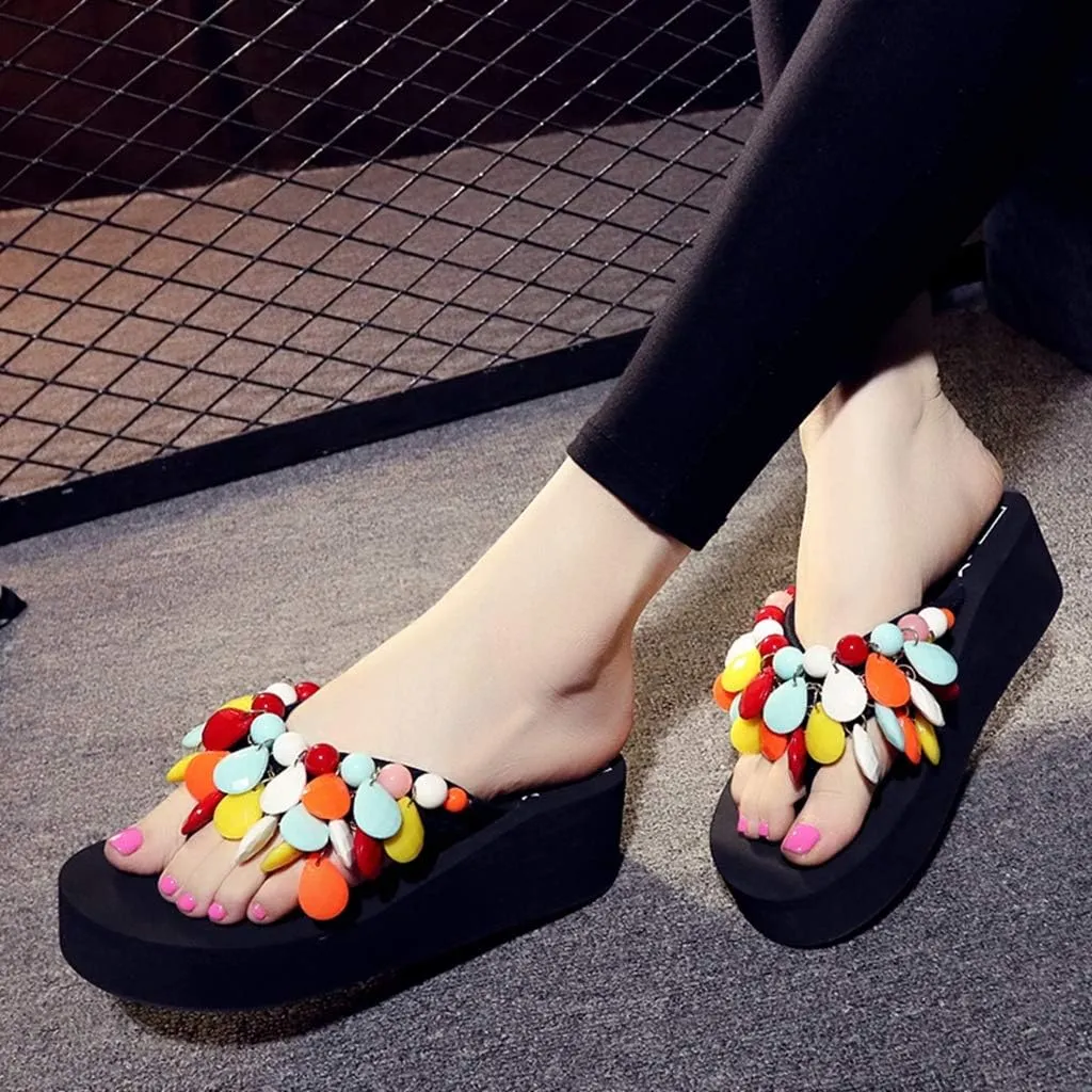 MIOKE Womens Bohemian Beaded Wedge Flipflops High Heel Platform Comfy Nonslip Summer Beach Thong Sandals