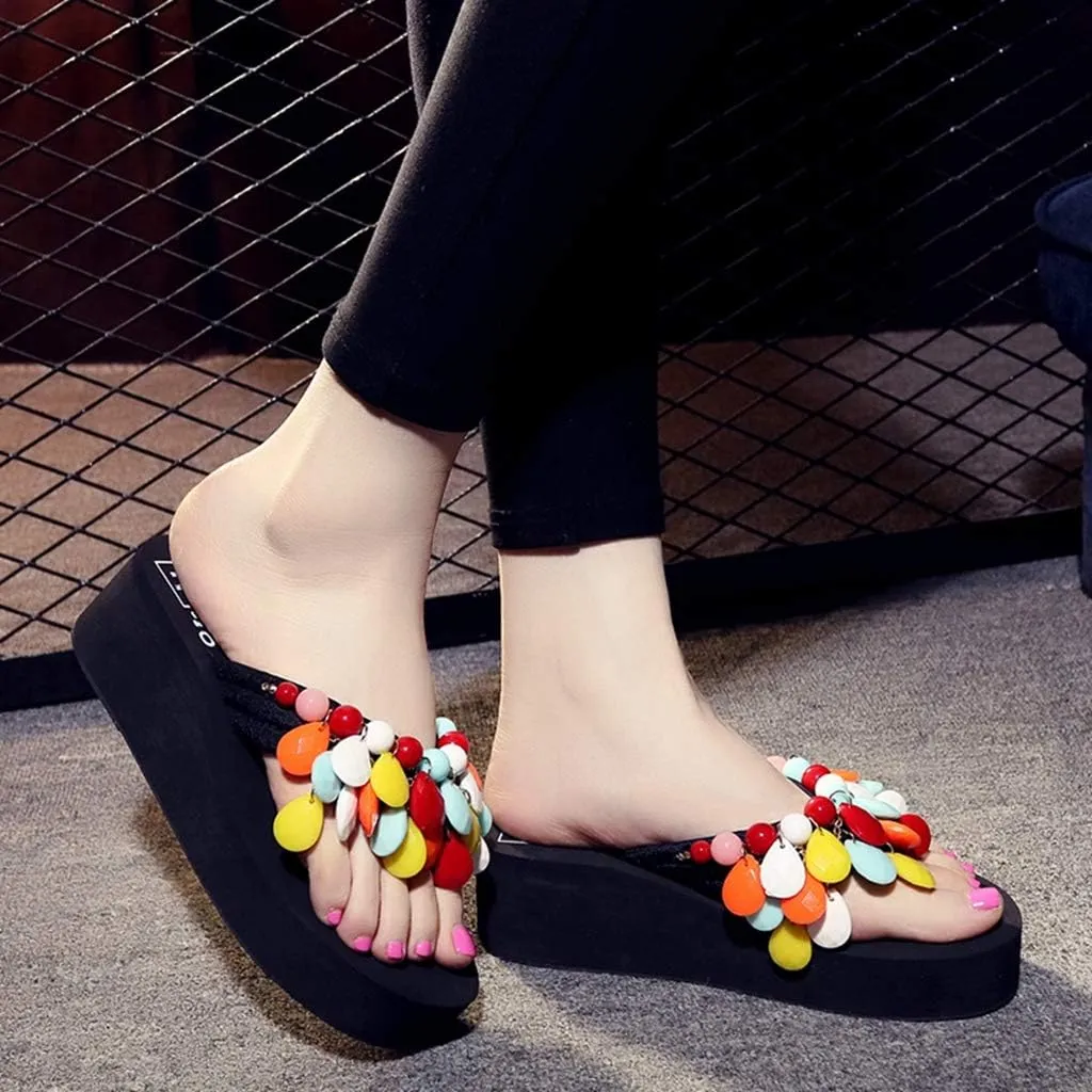 MIOKE Womens Bohemian Beaded Wedge Flipflops High Heel Platform Comfy Nonslip Summer Beach Thong Sandals