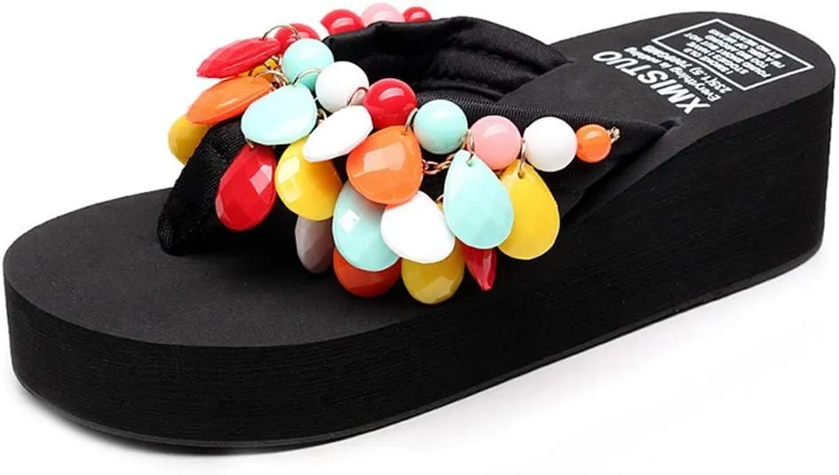 MIOKE Womens Bohemian Beaded Wedge Flipflops High Heel Platform Comfy Nonslip Summer Beach Thong Sandals
