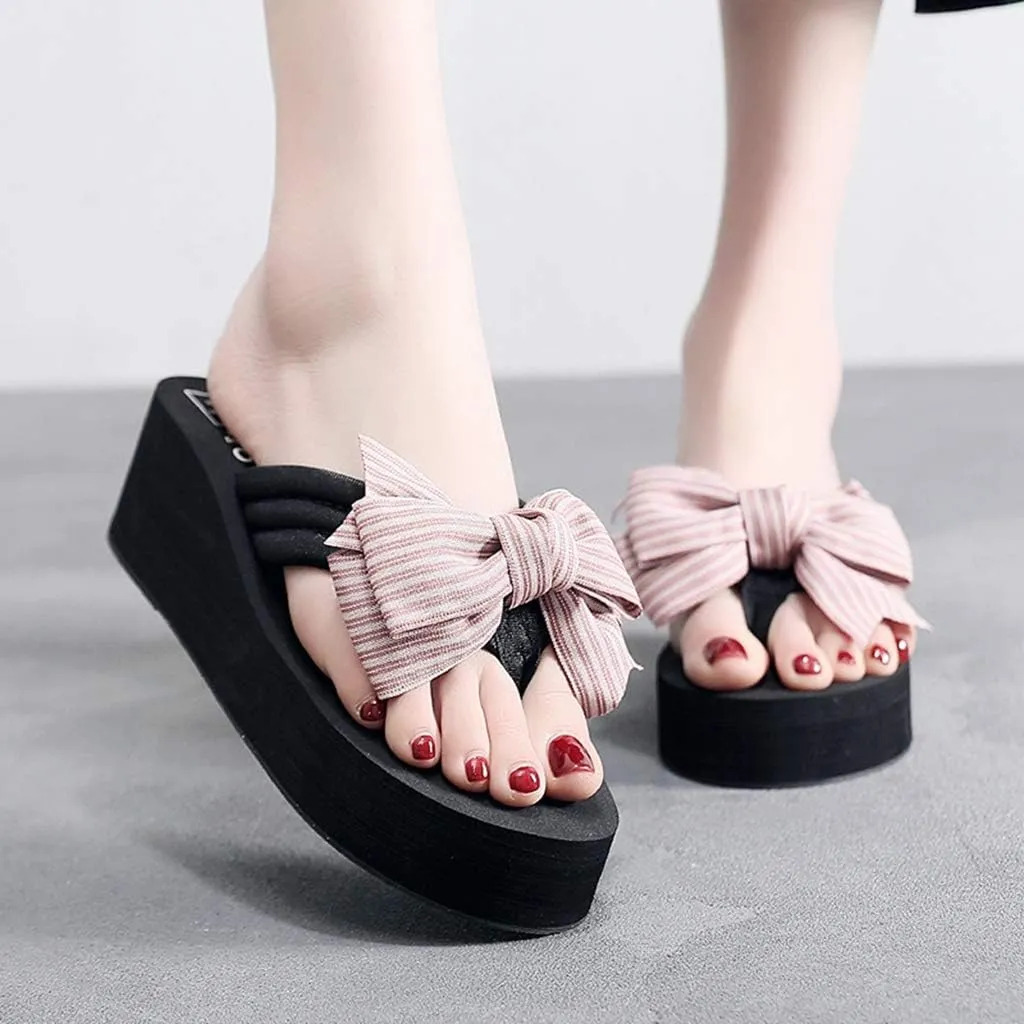 MIOKE Women's Bowknot Wedge Flipflops Sandals Fashion Summer Comfort Nonslip Platform Beach Thong Sandals