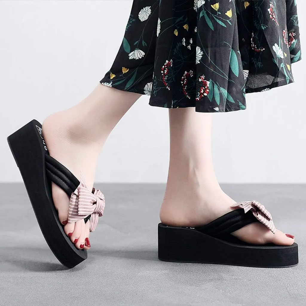 MIOKE Women's Bowknot Wedge Flipflops Sandals Fashion Summer Comfort Nonslip Platform Beach Thong Sandals