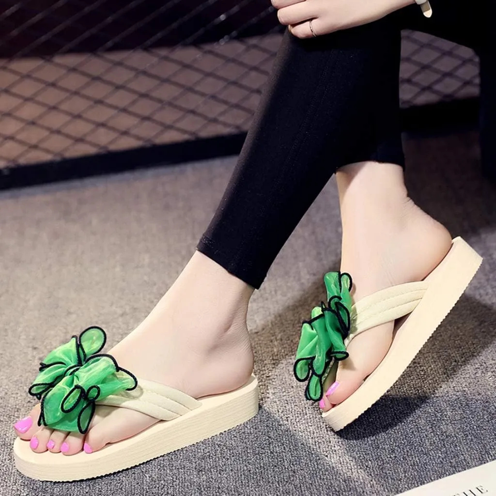 MIOKE Women's Fashion Summer Flat Flipflops Boho Bowknot Comfy Nonslip Platform Beach Slippers Sandals