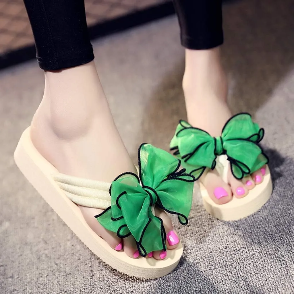 MIOKE Women's Fashion Summer Flat Flipflops Boho Bowknot Comfy Nonslip Platform Beach Slippers Sandals
