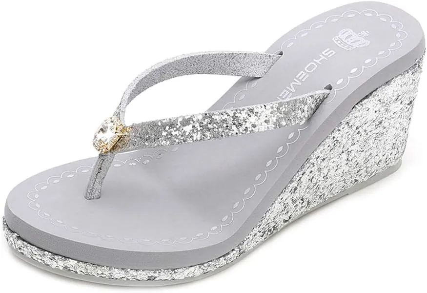 MIOKE Women's Wedge High Heel Flipflops Sandals Glitter Sequin Platform Comfy Nonslip Summer Thong Sandal