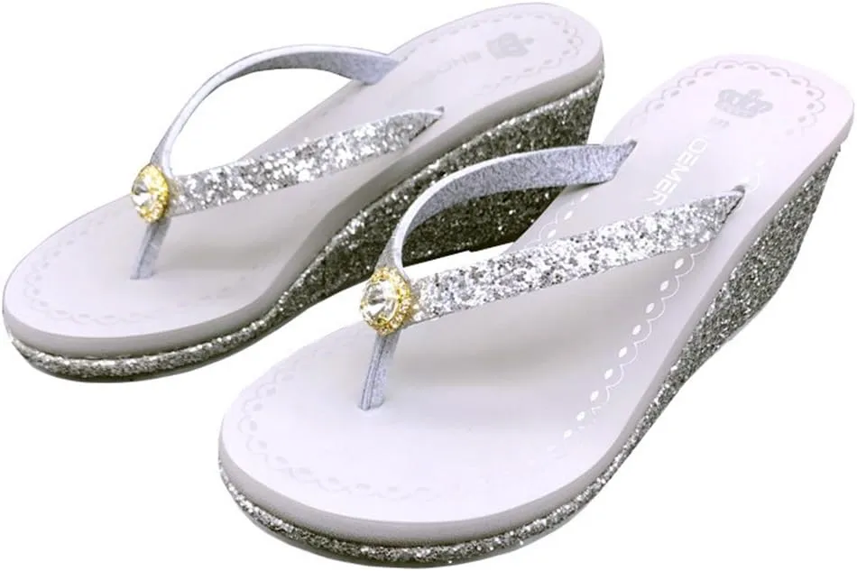 MIOKE Women's Wedge High Heel Flipflops Sandals Glitter Sequin Platform Comfy Nonslip Summer Thong Sandal