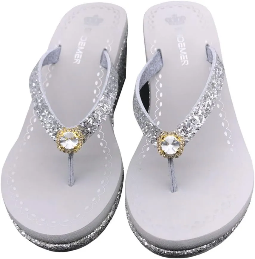 MIOKE Women's Wedge High Heel Flipflops Sandals Glitter Sequin Platform Comfy Nonslip Summer Thong Sandal