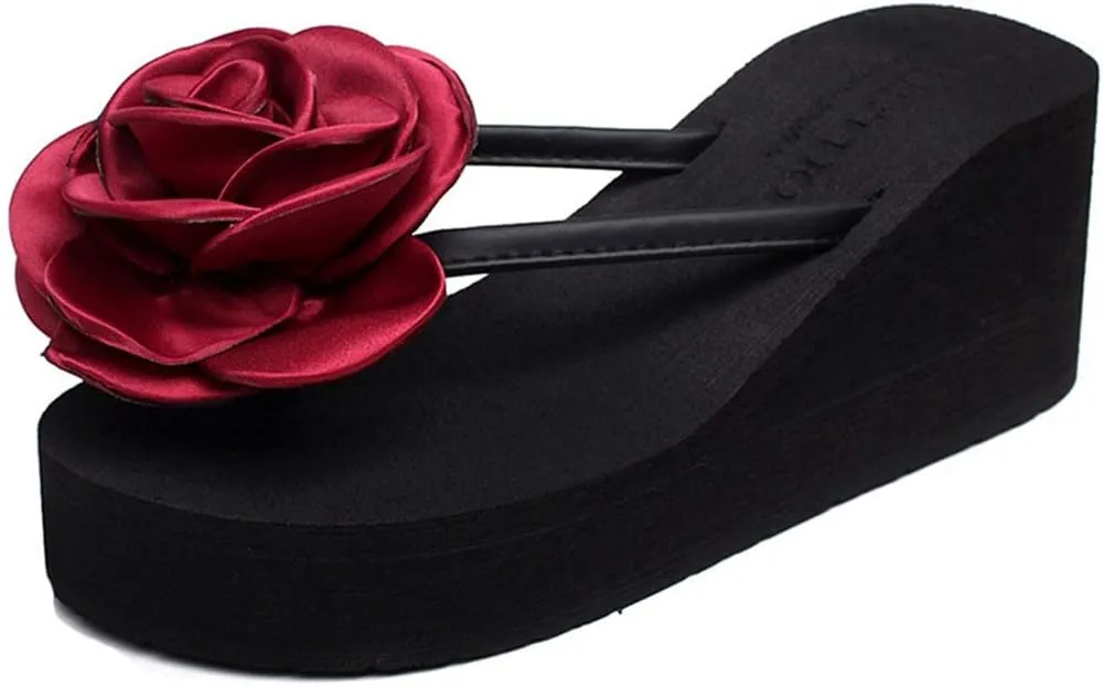 MISTU Women's Wedge High Heel Flipflop Sandals Bohemian Flowers Summer Platform Nonslip Beach Thong Sandal