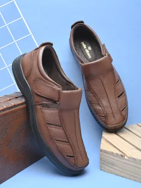 Pelle Albero Men's Latest Trendy Tan Leather Slip-On Flats Comfortable Sandals