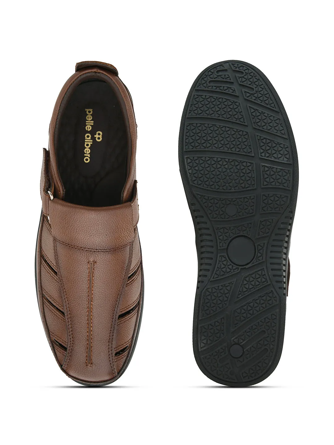 Pelle Albero Men's Latest Trendy Tan Leather Slip-On Flats Comfortable Sandals