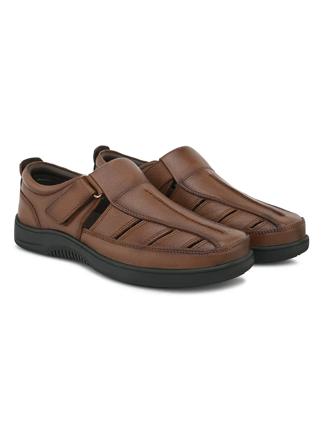 Pelle Albero Men's Latest Trendy Tan Leather Slip-On Flats Comfortable Sandals