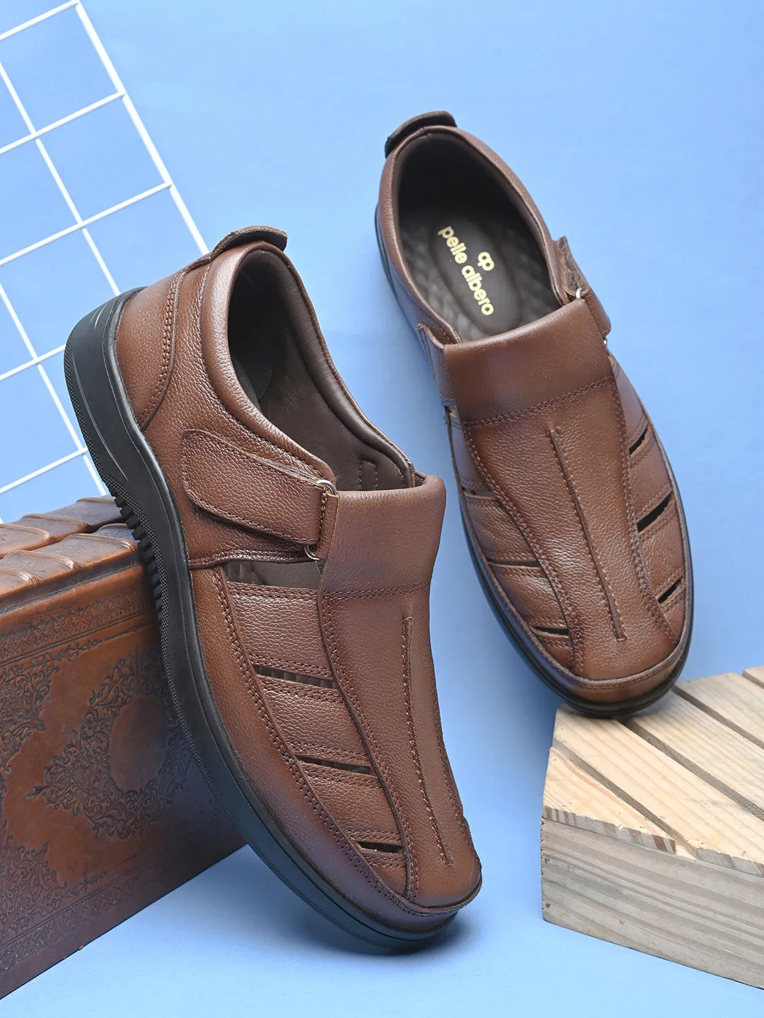 Pelle Albero Men's Latest Trendy Tan Leather Slip-On Flats Comfortable Sandals