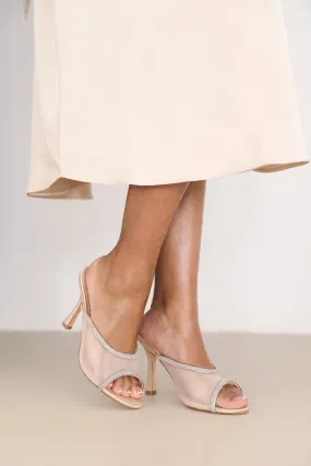 PORTUGAL OPEN TOE MULES WITH CRYSTAL TRIM IN CREAM SATIN