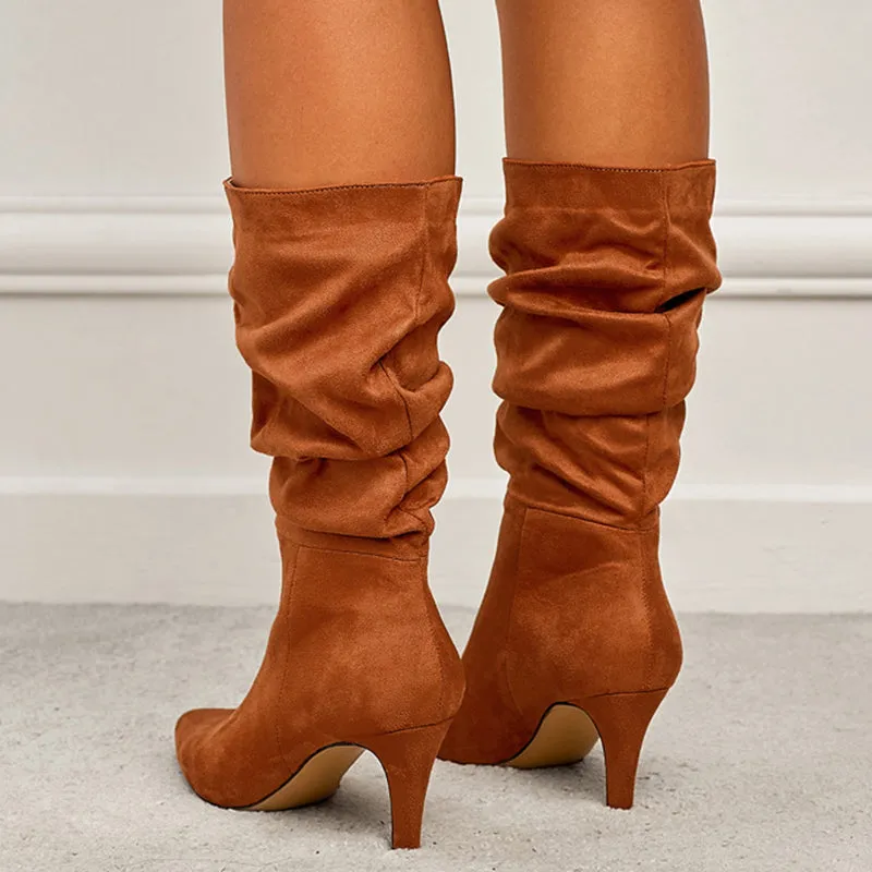 Slouch boots mid calf pointed toe stiletto high heel boots