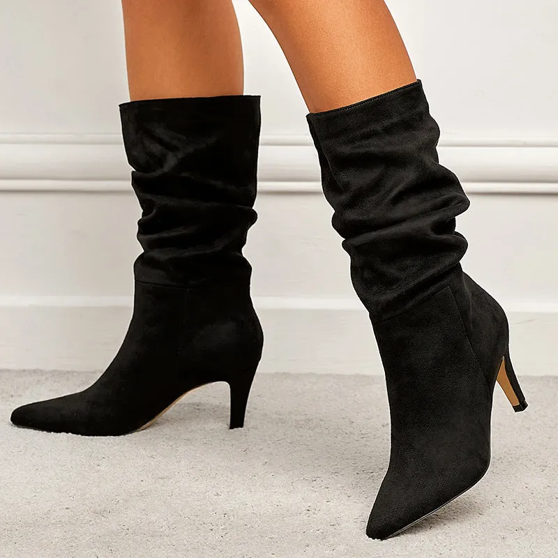 Slouch boots mid calf pointed toe stiletto high heel boots