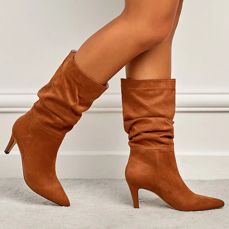 Slouch boots mid calf pointed toe stiletto high heel boots