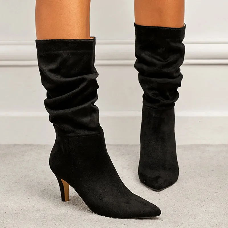 Slouch boots mid calf pointed toe stiletto high heel boots