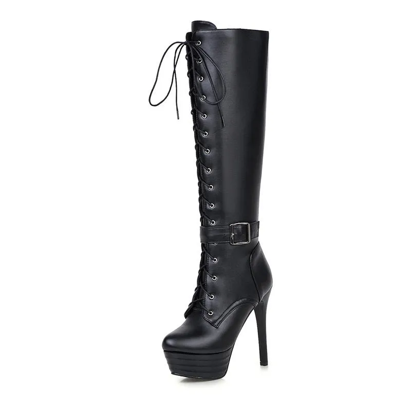 Thick platform stiletto heels knee high combat boots