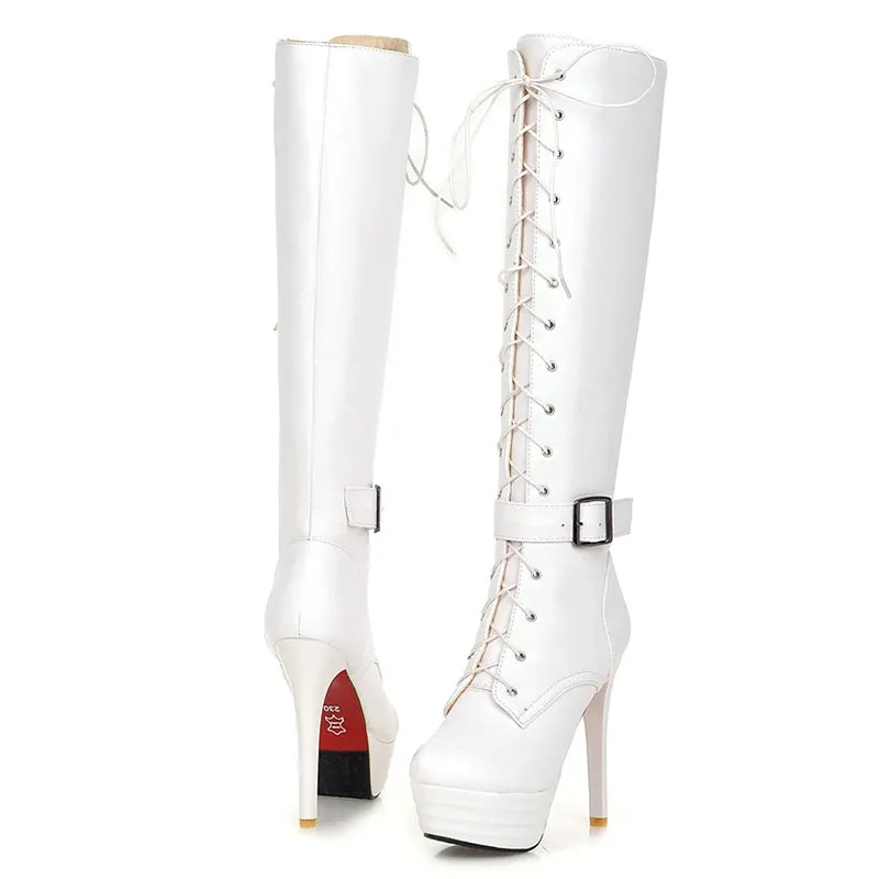 Thick platform stiletto heels knee high combat boots