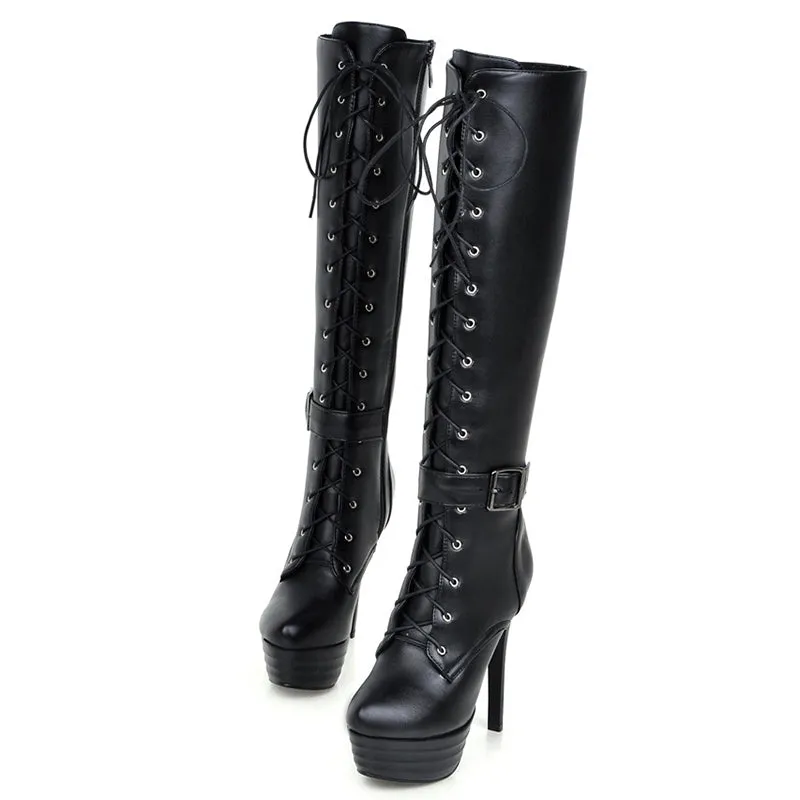 Thick platform stiletto heels knee high combat boots