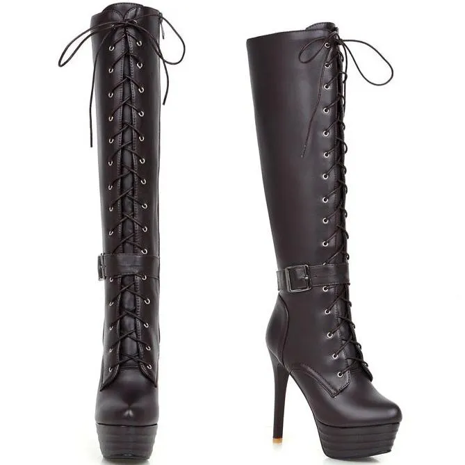 Thick platform stiletto heels knee high combat boots