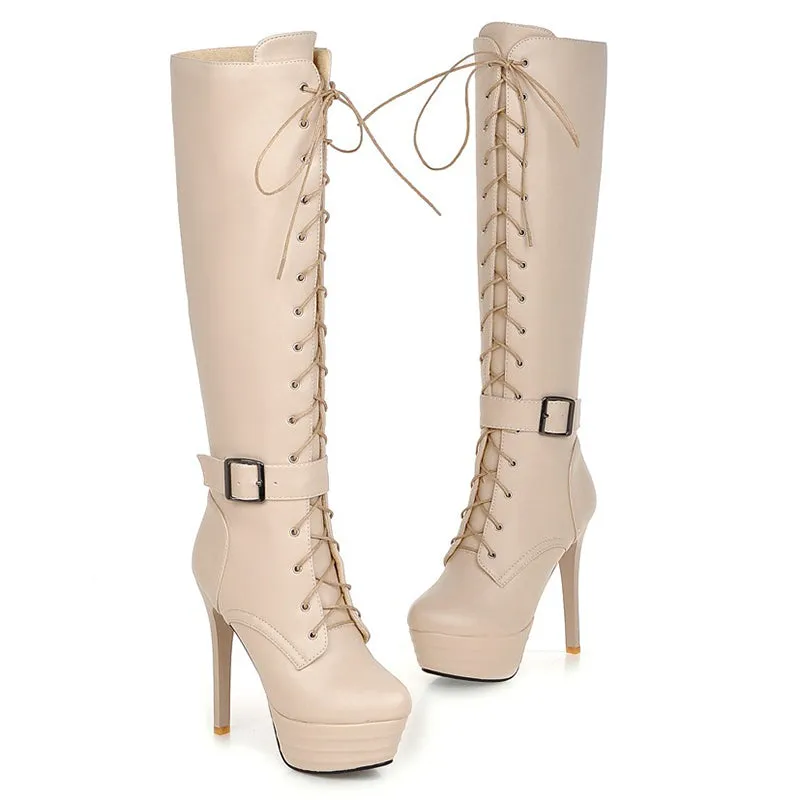 Thick platform stiletto heels knee high combat boots